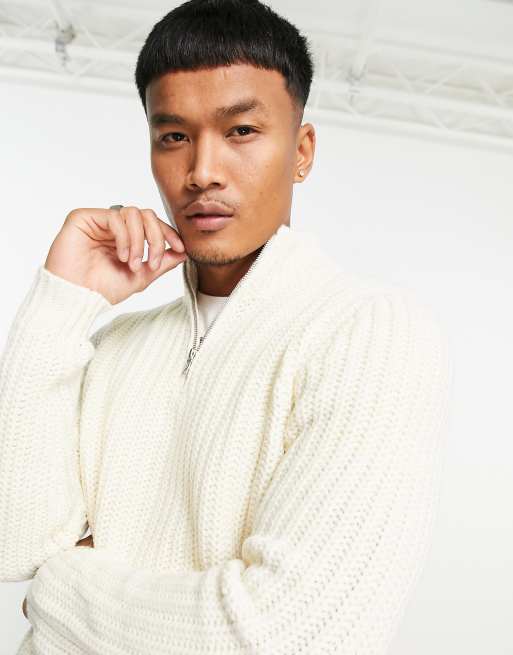 ASOS DESIGN – Gruby prążkowany sweter o angielskim splocie z zamkiem pod szyją w kolorze ecru