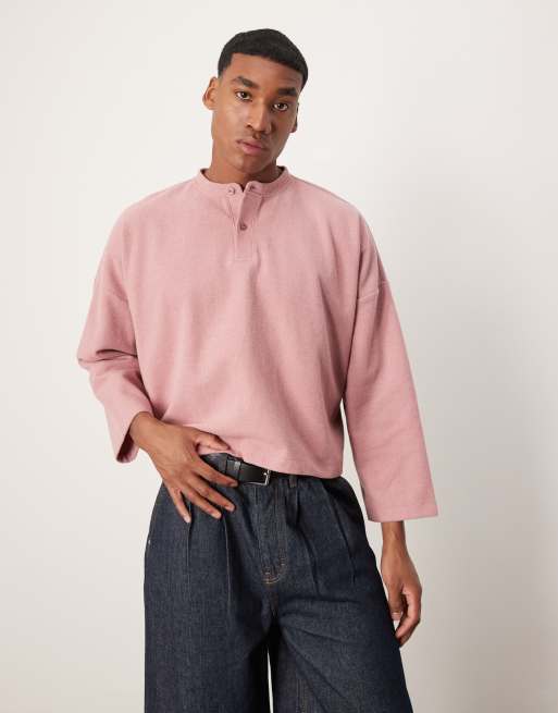 ASOS DESIGN – Gruby prążkowany sweter o krótkim fasonie super oversize z dekoltem henley w kolorze różowym