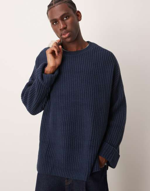 ASOS DESIGN – Gruby prążkowany sweter oversize z mieszanki wełny w granatowym kolorze