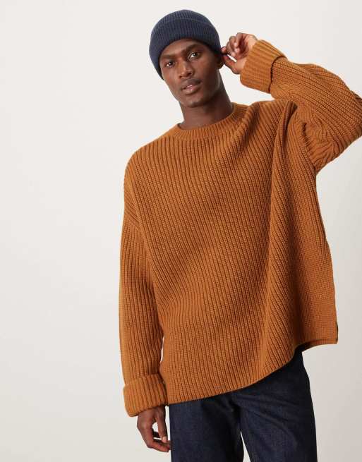 ASOS DESIGN – Gruby prążkowany sweter oversize z mieszanki wełny w jasnobrązowym kolorze