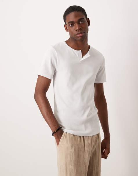 ASOS DESIGN heavyweight muscle fit t-shirt with open neck in white rib 