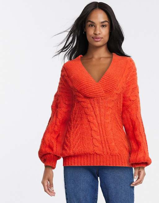 ASOS DESIGN – Gruby sweter oversize o splocie warkoczowym z dekoltem w kształcie litery V