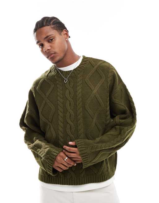 ASOS DESIGN – Gruby sweter oversize z okrągłym dekoltem z dzianiny z mieszanki wełny o warkoczowym splocie w kolorze khaki