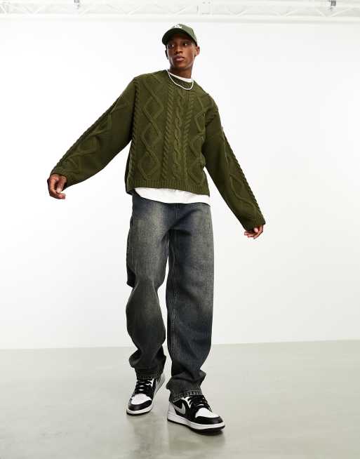 ASOS DESIGN – Gruby sweter z dzianiny o warkoczowym splocie z domieszką wełny w kolorze khaki