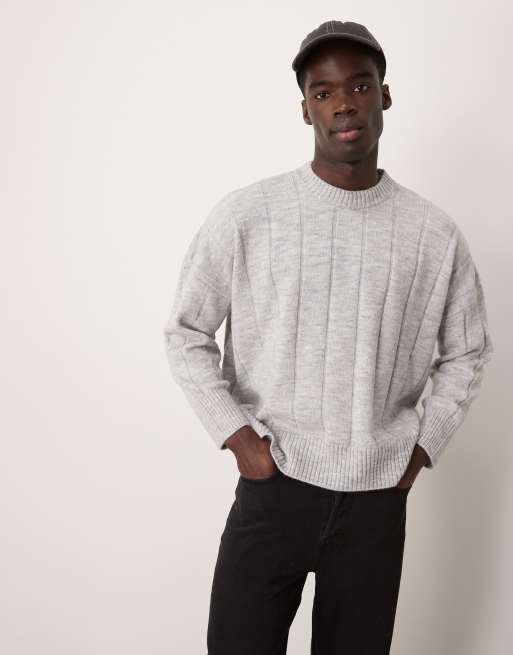 ASOS DESIGN – Gruby sweter z szerokimi prążkami o krótkim fasonie super oversize i pudełkowym kroju z okrągłym dekoltem w szarym melanżowym kolorze