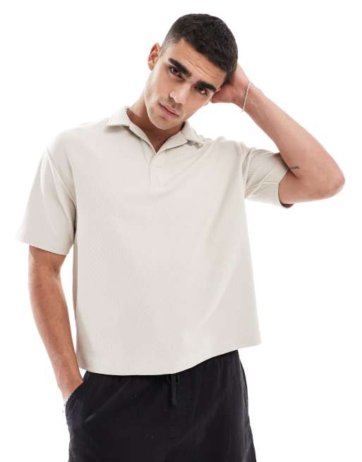 ASOS DESIGN – Gruby szarobeżowy T-shirt o luźnym kroju z kołnierzykiem kubańskim