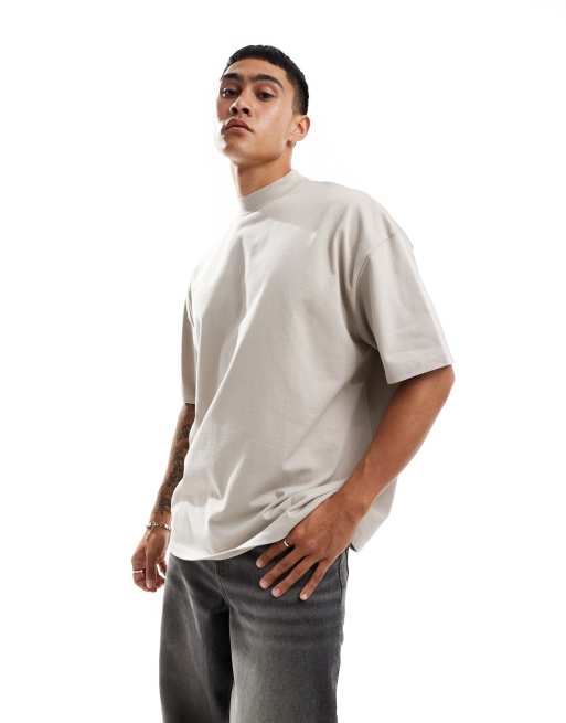 ASOS DESIGN – Gruby szarobeżowy T-shirt oversize z zabudowanym dekoltem o gramaturze 240 g/m²