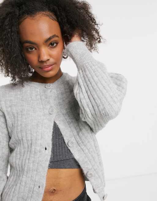 ASOS DESIGN – Gruby szary kardigan z okrągłym dekoltem z prążkowanej dzianiny