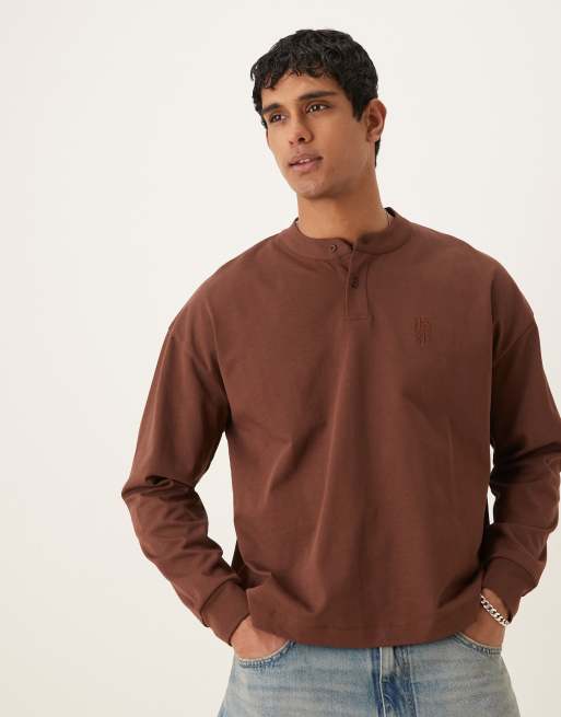 ASOS DESIGN – Gruby T-shirt henley oversize o pudełkowym kroju i gramaturze 300 g/m² w brązowym kolorze