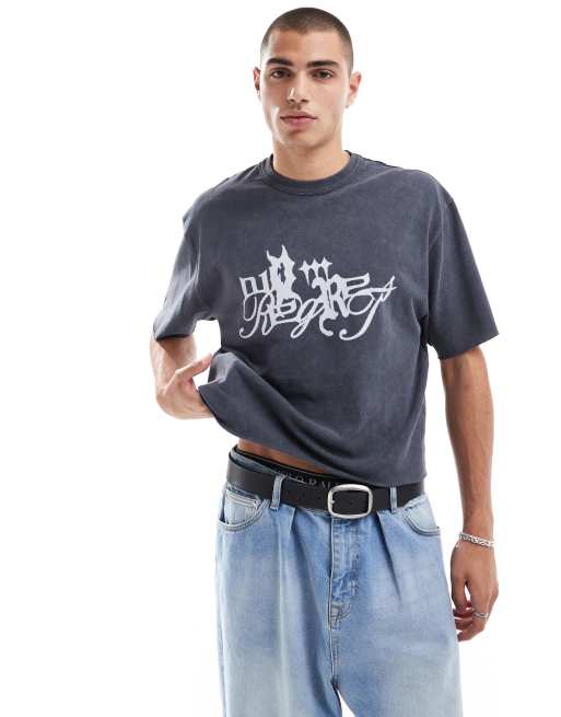 ASOS DESIGN – Gruby T-shirt o krótkim i luźnym kroju z surowym wykończeniem i nadrukiem w stylu grunge