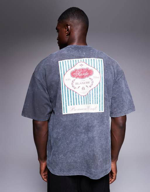 ASOS DESIGN – Gruby T-shirt o luźnym kroju w spranym czarnym kolorze z grafiką z drinkiem
