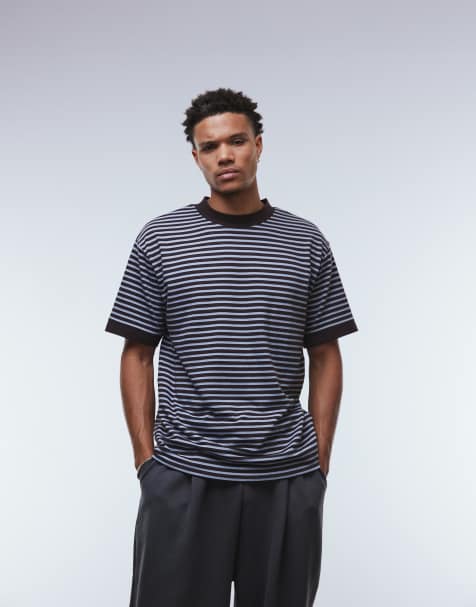 ASOS DESIGN – Gruby T-shirt o luźnym kroju z obniżoną linią ramion w niebiesko-brązowe paski - view 1