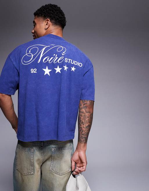ASOS DESIGN – Gruby T-shirt o pudełkowym kroju oversize i gramaturze 220 g/m², w spranym kolorze niebieskim, z napisem