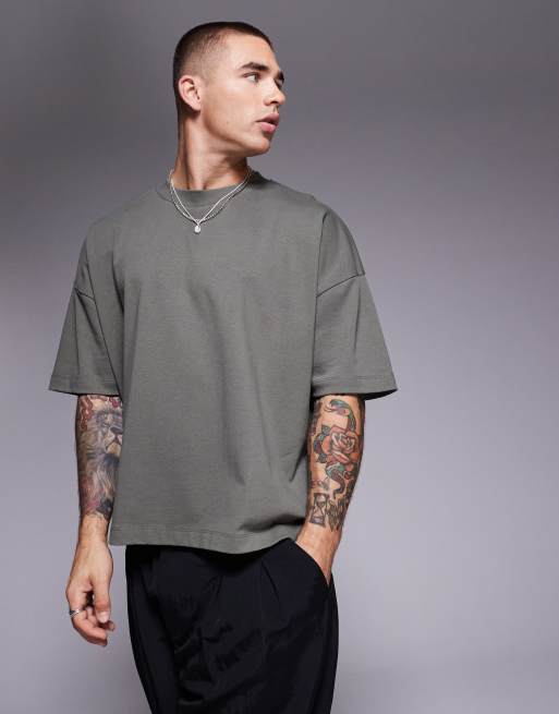 ASOS DESIGN – Gruby T-shirt o pudełkowym kroju oversize w kolorze khaki z obniżoną linią ramion