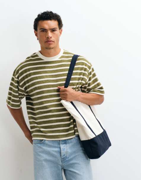 ASOS DESIGN – Gruby T-shirt o pudełkowym kroju oversize z tkaniny frotté w zielone paski - view 1