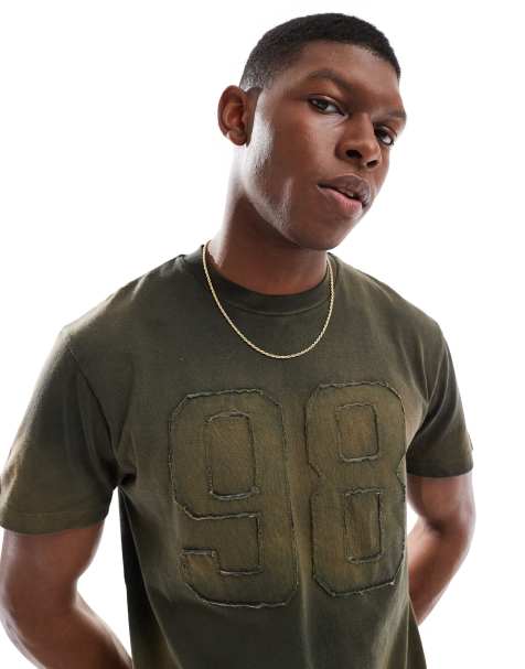 ASOS DESIGN – Gruby T-shirt o pudełkowym kroju w spranym zielonym kolorze z aplikacją z numerem - view 1