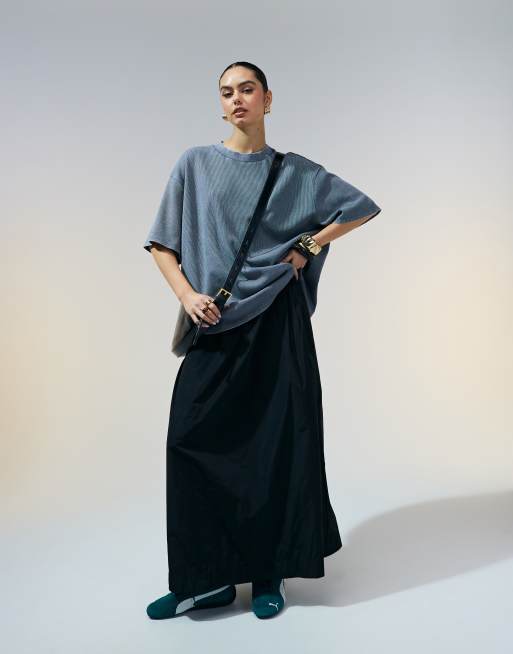 ASOS DESIGN – Gruby T-shirt oversize o fakturze wafla, z rozcięciami po bokach, w spranym kolorze szarym