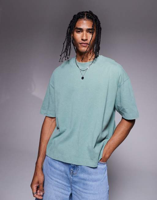 ASOS DESIGN – Gruby T-shirt oversize o pudełkowym kroju i gramaturze 220 g/m² w spranym zielonym kolorze