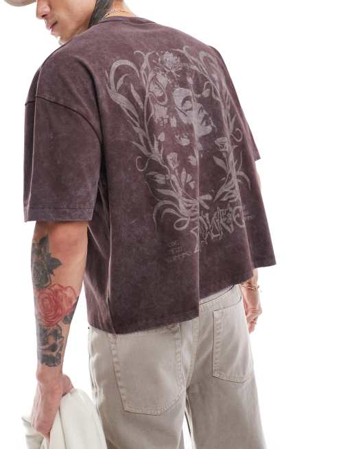 ASOS DESIGN – Gruby T-shirt oversize o pudełkowym kroju w spranym brązowym kolorze z nadrukiem w stylu grunge na plecach