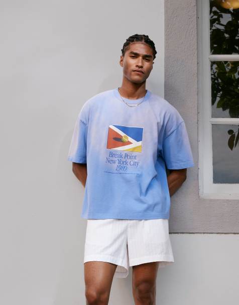 ASOS DESIGN – Gruby T-shirt oversize o pudełkowym kroju w spranym niebieskim kolorze z nadrukiem na klatce piersiowej - view 1