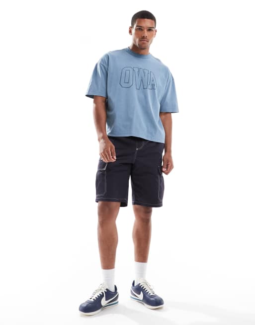 ASOS DESIGN – Gruby T-shirt oversize o pudełkowym kroju w spranym niebieskim kolorze z napisem na piersi