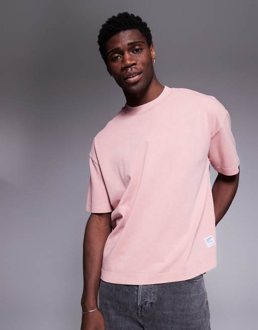 ASOS DESIGN – Gruby T-shirt oversize o pudełkowym kroju z obniżoną linią ramion w spranym różowym kolorze