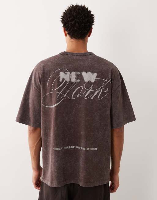 ASOS DESIGN – Gruby T-shirt oversize w spranym brązowym kolorze z grafiką „New York”