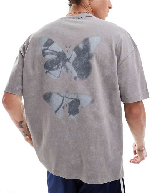ASOS DESIGN – Gruby T-shirt oversize w spranym brązowym kolorze z nadrukiem w stylu grunge na plecach