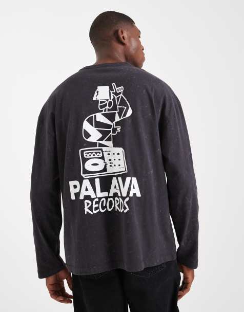 ASOS DESIGN – Gruby T-shirt oversize w spranym czarnym kolorze z długimi rękawami i nadrukiem na plecach - view 1