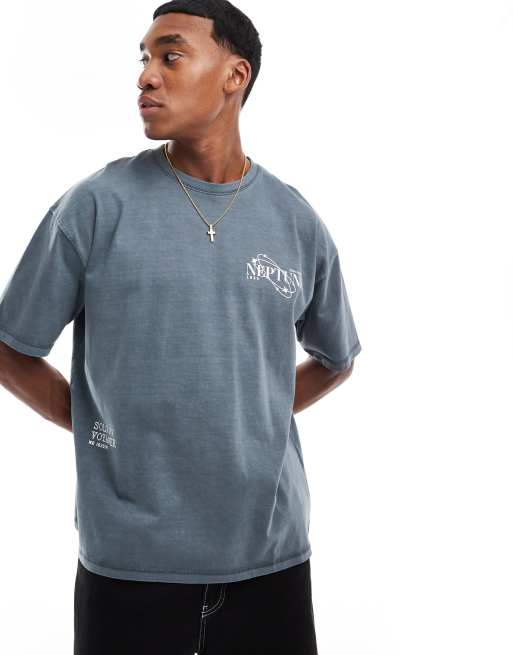 ASOS DESIGN – Gruby T-shirt oversize w spranym grafitowym kolorze z nadrukiem z przodu