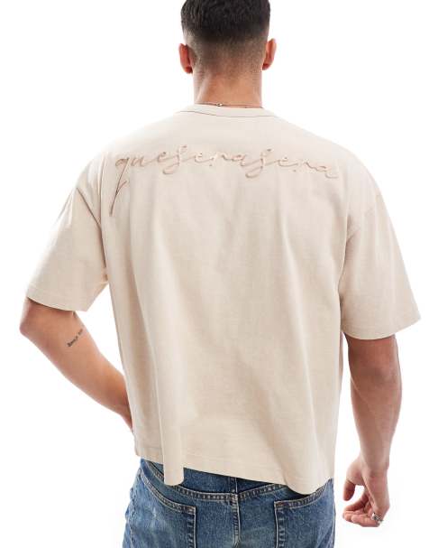 ASOS DESIGN – Gruby T-shirt oversize w spranym kolorze beżowym z metalicznym nadrukiem na plecach - view 1