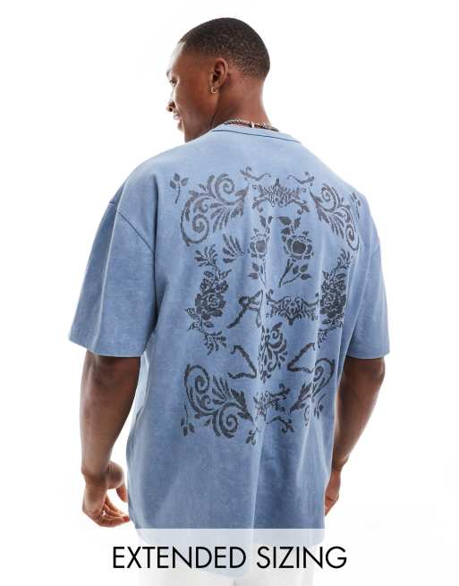 ASOS DESIGN – Gruby T-shirt oversize w spranym niebieskim kolorze z nadrukiem na plecach