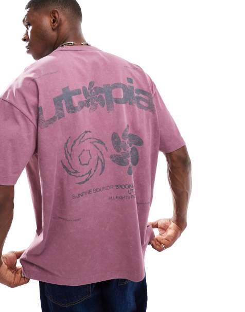 ASOS DESIGN – Gruby T-shirt oversize w spranym różowym kolorze z grafiką w miejskim stylu - view 1