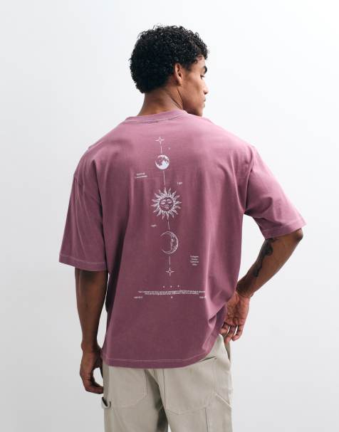 ASOS DESIGN – Gruby T-shirt oversize w spranym różowym kolorze z pionowym astrologicznym nadrukiem na plecach - view 1
