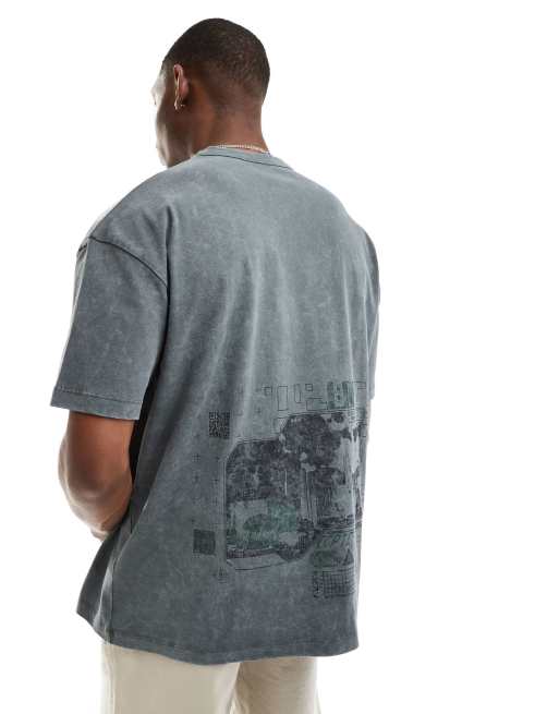 ASOS DESIGN – Gruby T-shirt oversize w spranym szarym kolorze z grafiką z motywem London na plecach