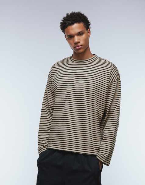 ASOS DESIGN – Gruby T-shirt oversize z długimi rękawami w czarno-beżowe paski - view 1