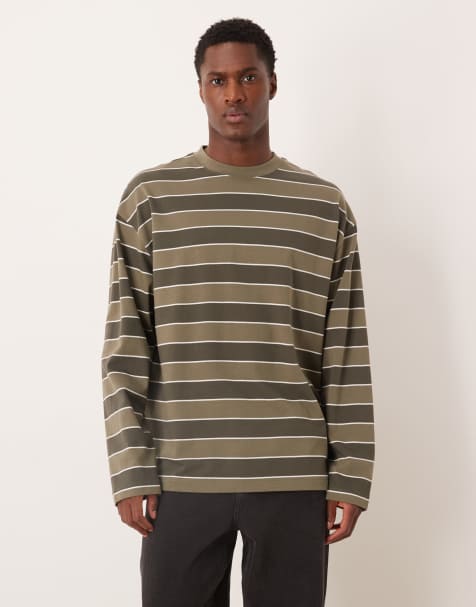 ASOS DESIGN – Gruby T-shirt oversize z długimi rękawami w paski w kolorze khaki - view 1