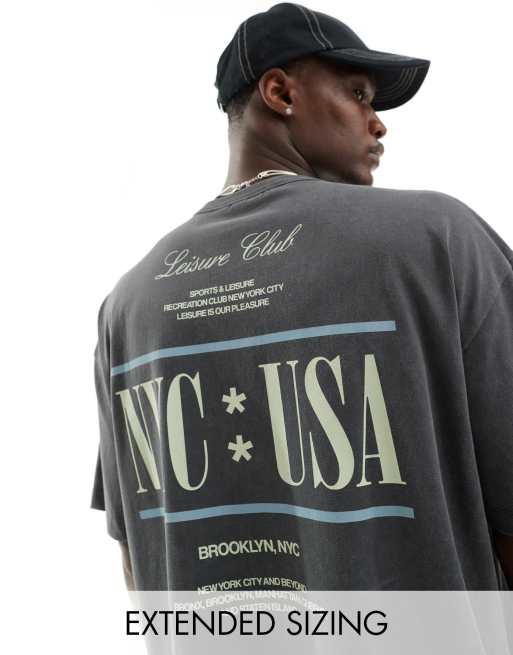 ASOS DESIGN – Gruby T-shirt oversize z materiału o gramaturze 220 gsm w spranym szarym kolorze z napisem NYC na plecach