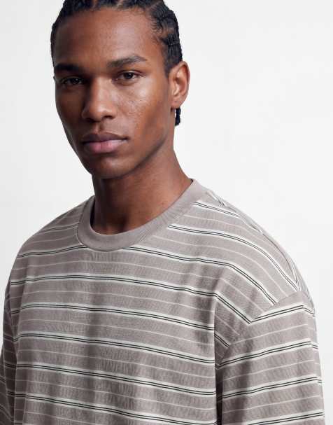 ASOS DESIGN – Gruby teksturowany beżowy T-shirt oversize w paski - view 1
