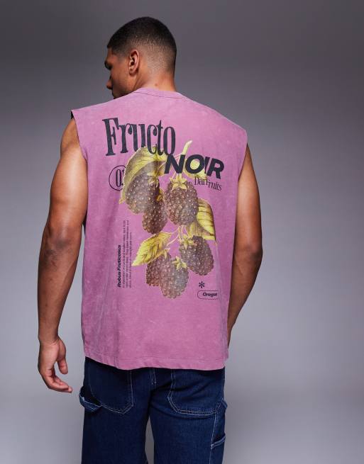ASOS DESIGN – Gruby top bez rękawów oversize w spranym różowym kolorze z grafiką owoców o gramaturze 220 g/m²