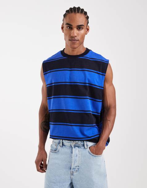 ASOS DESIGN – Gruby top oversize bez rękawów z efektem sprania w niebieskie pasy - view 1