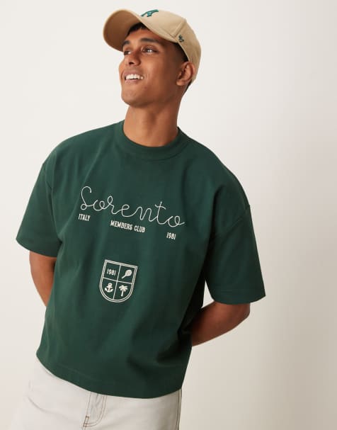 ASOS DESIGN – Gruby zielony T-shirt oversize o pudełkowym kroju i gramaturze 300 g/m² z haftem z nazwą miasta - view 1
