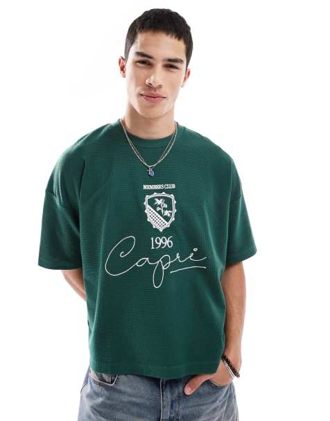 ASOS DESIGN heavyweight boxy oversized t-shirt with dropped shoulder in waffle with embroidery in green
