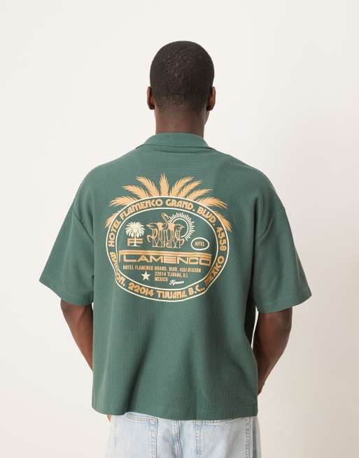 ASOS DESIGN – Gruby zielony T-shirt oversize o waflowej fakturze i gramaturze 230 g/m² z grafiką z palmą na plecach