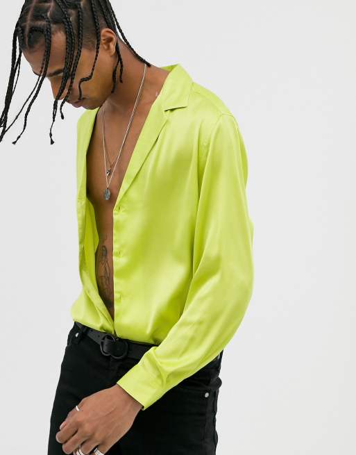 Asos Design Grünes Oversize Satinhemd Mit Tiefem Reverskragen Asos