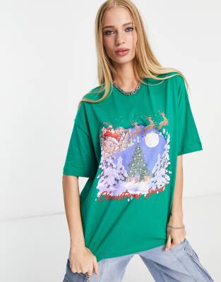 ASOS DESIGN - Grünes Oversize-T-Shirt mit Weihnachtsszene