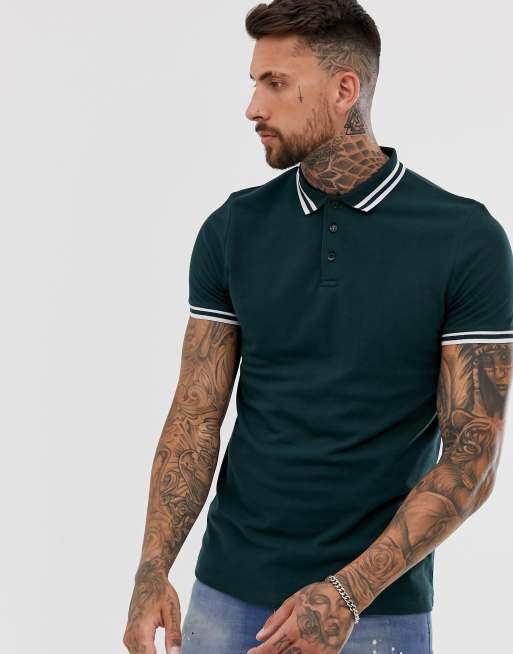 ASOS DESIGN – Grünes Pikee-Polohemd mit Zierstreifen