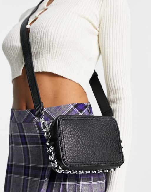 ASOS DESIGN black croc effect shoulder bag with chunky chain