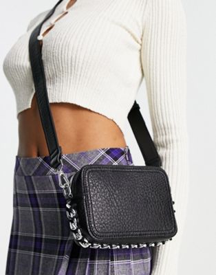 ASOS DESIGN grunge camera crossbody bag with chunky chain and detachable strap detail in black