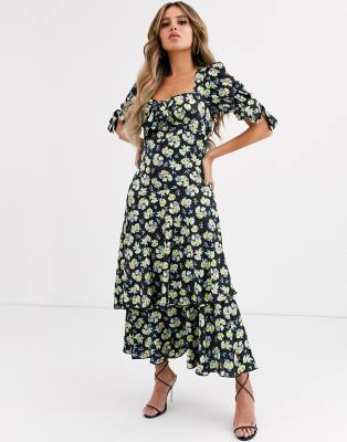 ASOS DESIGN grunge floral maxi tea dress with tie front-Multi